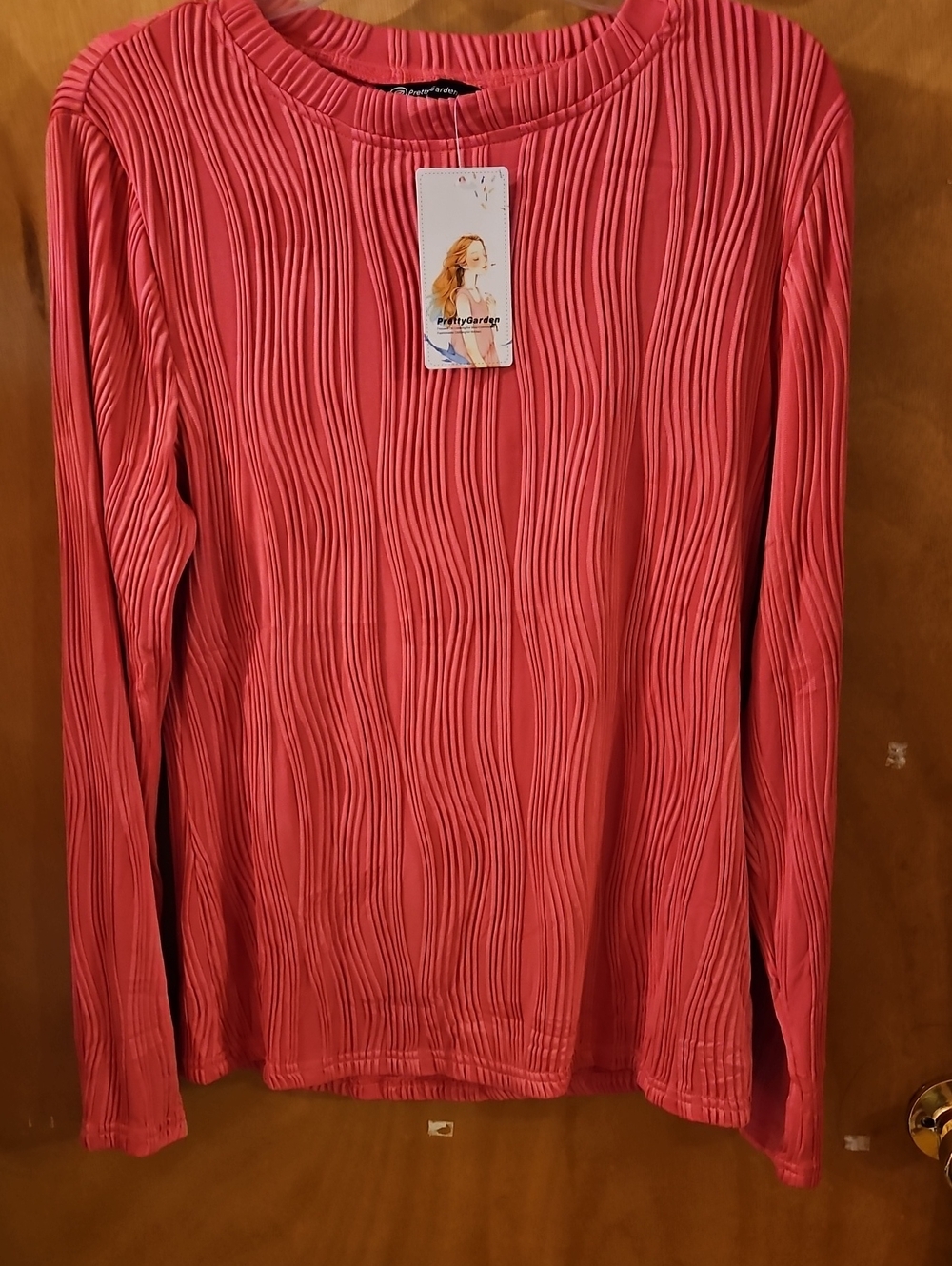 PrettyGarden Coral Pink Pleated Long-Sleeve Top